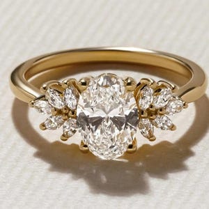 Oval Moissanite Engagement Ring: 14K Gold Halo Diamond Art Deco Ring Birthday Gift