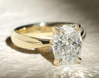 Cushion Cut Lab Grown Diamond Engagement Ring: 14K White Gold Art Deco Ring