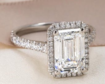 2.50 CT Emerald Cut Moissanite Halo Engagement Ring: 14K Gold Bridal Set Ring