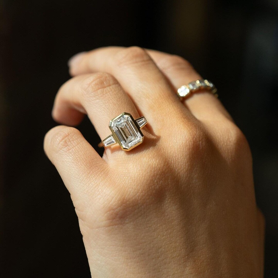 2.00 CT Emerald Cut Lab Grown Engagement Ring 14K Gold Bezel Set Ring ...