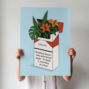 Anti-Smoking Art Print – Bold Floral Cigarette Pack Poster – Modern Statement Wall Art, Digital Download, Instant Print