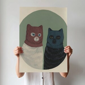 Funny Cat Art Print – Surreal Masked Cats Poster – Quirky Whimsical Digital Wall Art for Cat Lovers – Instant Download
