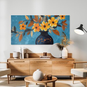 Modern Floral Art Print on Canvas, Abstract Flowers in Vase with Blue Background, Contemporary Wall Decor for Living Room or Bedroom