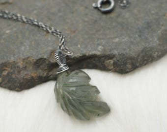 Moss Aquamarine Leaf Pendant, Sterling Silver Necklace, Carved Stone Pendant, Autumn Jewelry