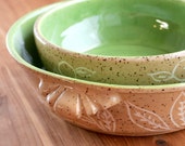 Pie Plate Set Stoneware Green with Leaves and Flowers, Wheel Thrown Pottery, Giselle No. 5 Ceramics