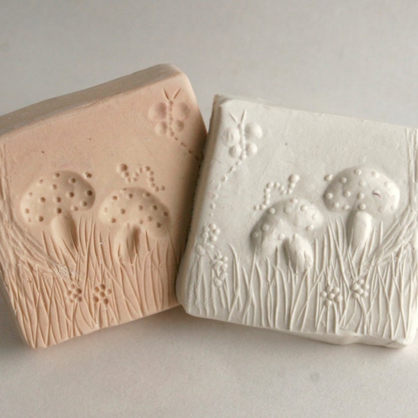 Clay Stamp Poison Mushrooms with Worm and Butterfly -- Ceramic Metal Clay Poly Clay Tool