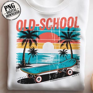 Old School PNG, conception de chemise de skateboard vintage, graphismes de T-shirt de skate de plage rétro, téléchargement numérique de palmiers des années 80