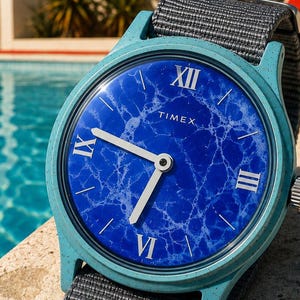 Vintage Timex Fun Timer Watch, 1968 blue marble dial, Manual wind 60s wristwatch
