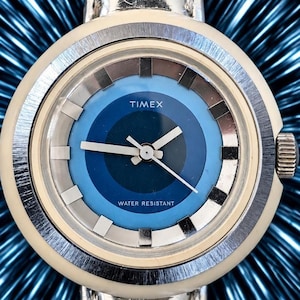 Vintage Timex Fun Timer Watch, 1975 British Design, Blue Bullseye Dial, Silver band