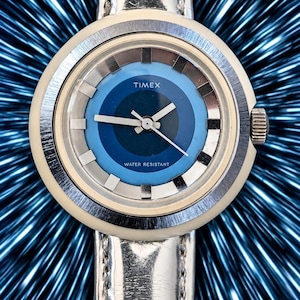 Vintage Timex Fun Timer Watch, 1975 British Design, Blue Bullseye Dial, Silver band