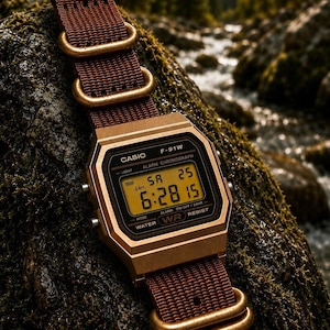 Explorer- Casio F91W mod watch, Amber Display Explorer Design, Brown NATO Strap for Hiking