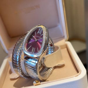 Women’s Serpentine Wrap Watch with Ruby-Red Dial – Silver Coil Bracelet Watch – Snake Shape Design with Crystal Bezel