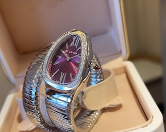 Women’s Serpentine Wrap Watch with Ruby-Red Dial – Silver Coil Bracelet Watch – Snake Shape Design with Crystal Bezel