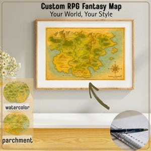 Aangepaste RPG-fantasiewereldkaart – geïllustreerde campagnecartografie voor TTRPG en DnD – antiek perkament, aquarel, olieverf, houtskoolstijlen – HD