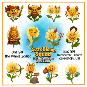 AstroBloom Squad 12 cliparts de fleurs du zodiaque mignon astrologie PNG ensemble Horoscope signe astrologique Illustrations téléchargement numérique