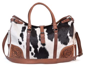 Western Cowhide hand-tooled Leather Weekender Duffel Bag