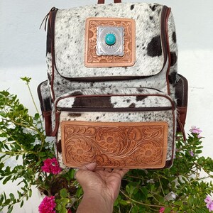 Western Tooled Cowhide Leather Backpack with Turquoise