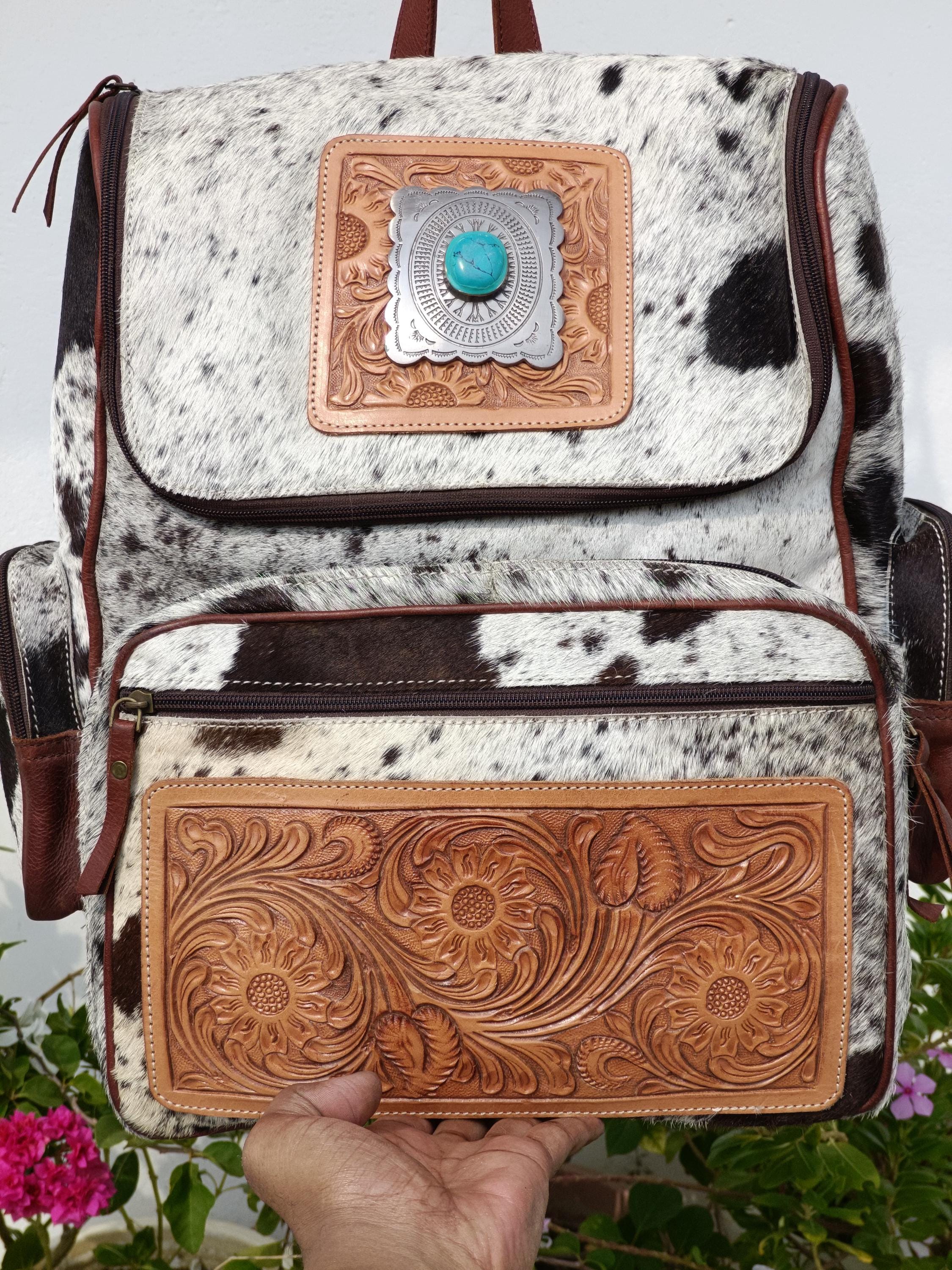 Cattle Boss Western Boho Backpack Cowhide Backpack Fringe Leopard Turquoise Western Boho Travel Tooled Leather Rainbow Sparkle Cowhide  main image 4