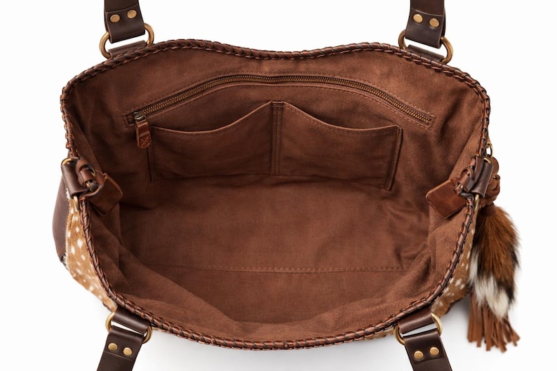 Rustic Cowhide Leather Tote Bag – Western Boho Handbag with Tassel, Spacious Interior, Handmade Gift for Her image 4