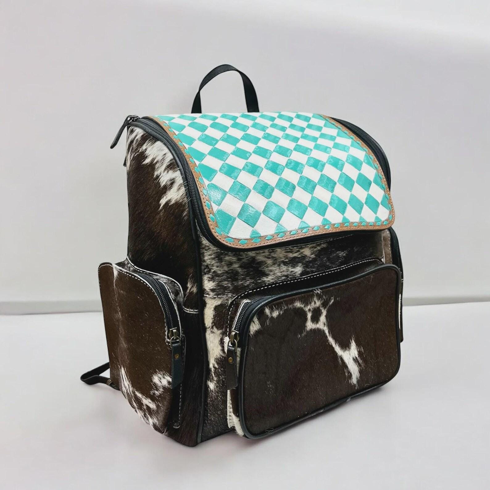 Tooled Leather Turquoise Checker & Cowhide Backpack  display picture 3