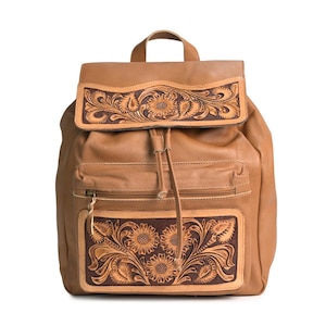 Hand-Tooled Leather Western Backpack: Top Handle Shoulder Bag