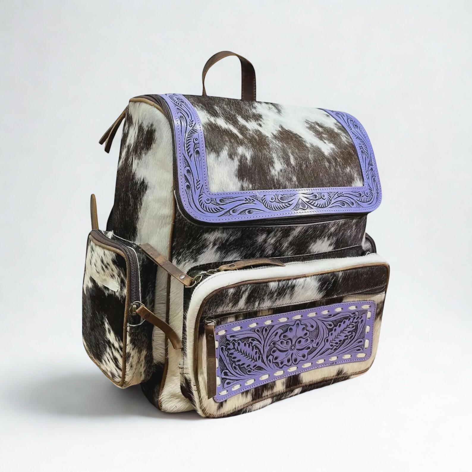 Purple Tooled Leather & Hair on Cowhide Backpack - Western  display picture 1