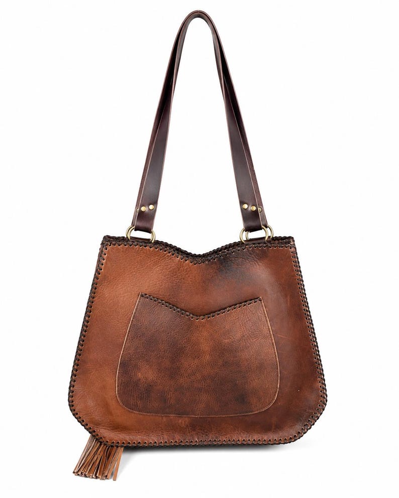 Rustic Cowhide Leather Tote Bag – Western Boho Handbag with Tassel, Spacious Interior, Handmade Gift for Her image 2