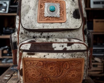 Western Cowhide & Tooled Leather Backpack – Turquoise Concho, Floral Scroll, Rodeo-Ready Style