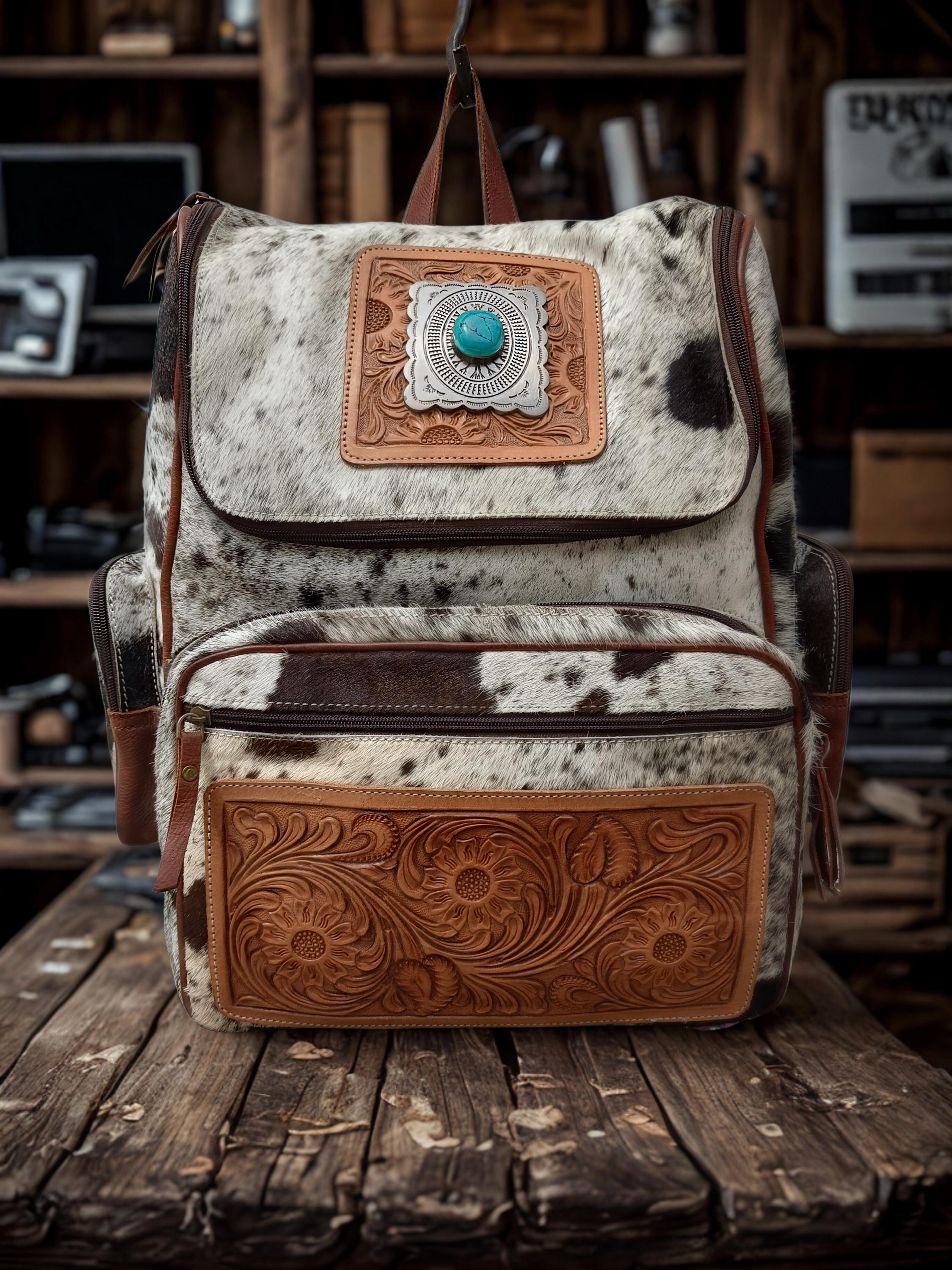 Western Cowhide & Tooled Leather Backpack – Turquoise Concho  display picture 2