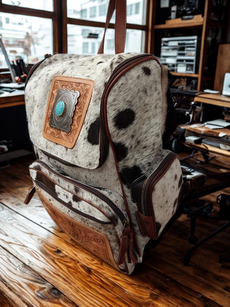 Western Rodeo Backpack Western Cowhide & Tooled Leather Backpack – Turquoise Concho, Floral ...