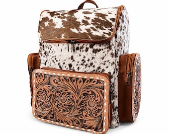 Tooled Leather Cowhide Backpack, Western Hair-On Hide Purse, Rustic Cowgirl Bag