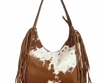 Cowhide Hobo Fringe Tooled Leather Purse | Women's Leather Tote Bag