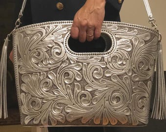 Hand Tooled Leather Crossbody Tote, Western Fringe Handbag