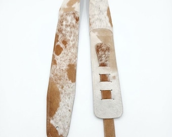 Correa de guitarra de piel de vaca hecha a mano, cuero genuino con pelo, ajustable de 42 a 54 pulgadas.