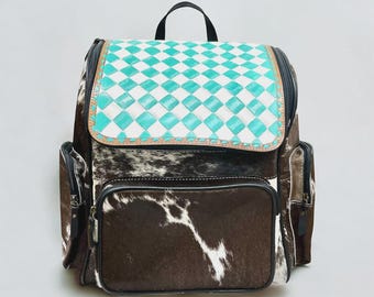 Tooled Leather Turquoise Checker & cowhide Backpack - Western Style Hair on Backpack