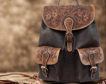 Hand Tooled Leather Backpack: Western Cowhide Travel Bag