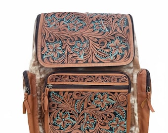 Western Tooled Cowhide Leather Backpack with Turquoise