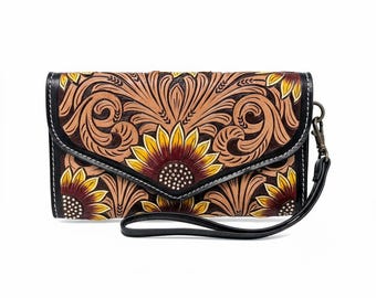 Sunflower Floral Wristlet Clutch – Handmade Western Leather Purse with Strap – Boho Gift for Her