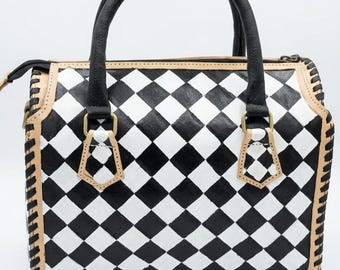Checkered Tooled Leather Purse, Western Cowhide Tote Bag.