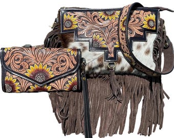 Genuine Western Cowhide Leather Crossbody Purse and Clutch with Dark Sunflower painted