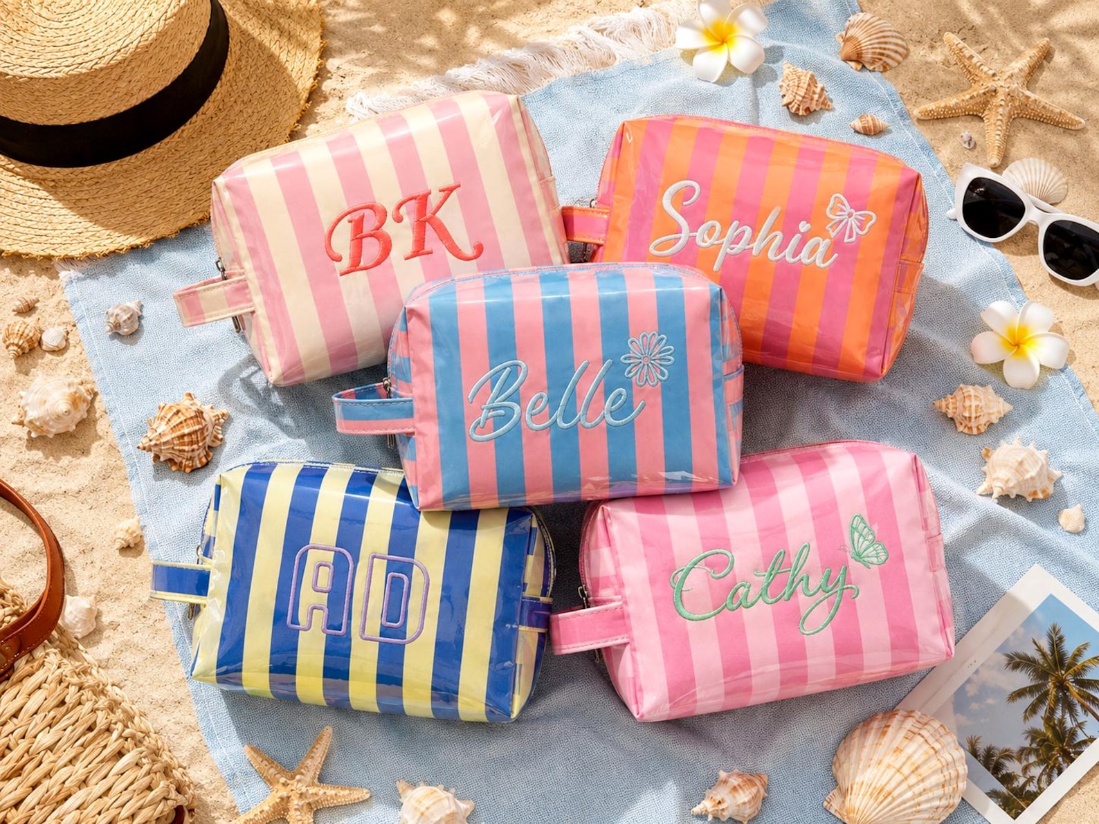 Personalized Waterproof PVC Cosmetic Bag, Vacation Travel Cosmetic Pouch, Monogram Stripe Summer Beach Organizer, Beach Gift for Her