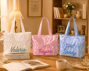 Personalized Embroidered Name Silk Tote Bag, Custom Tote Bag, Gift for Her, Bow-Detail Tote, Bridesmaid Gift, Teacher and Birthday Gift