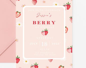 Strawberry Birthday Invitation: Editable Template, Berry First Birthday (Digital Download)