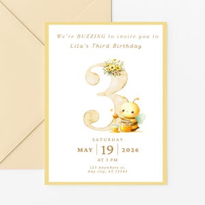 Bee-eautiful Birthday Invitiation | Unisex Third Birthday | Editable Template | 3rd Birthday Party Invite | Instant Download | Bumble Bee