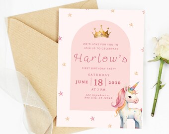 Unicorn Birthday Invitation: Editable Pink Template (Digital Download)