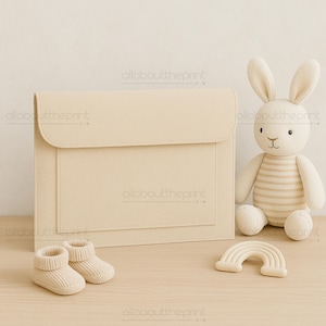 May include: A beige baby gift set featuring a soft bunny plush, a felt envelope-style document holder, a pair of knitted baby booties, and a rainbow-shaped teether. The items are arranged on a light wooden surface.