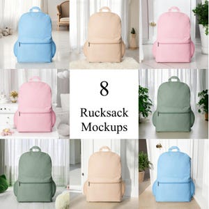May include: Eight backpack mockups in various colors: light blue, beige, pink, and green. Each backpack has a front pocket and a top handle. The text "8 Rucksack Mockups" is in the center.