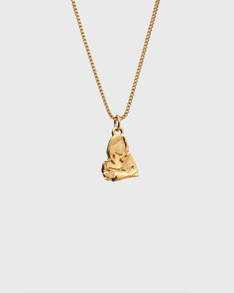 Peut inclure: Un collier avec un pendentif dor&eacute;. Le pendentif a une forme abstraite et organique. La cha&icirc;ne est une fine cha&icirc;ne dor&eacute;e. Le collier est pr&eacute;sent&eacute; sur un fond clair et uni.