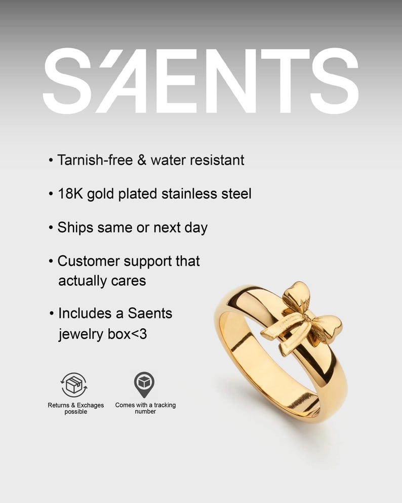 K&ouml;nnte beinhalten: Ein goldfarbener Ring mit Schleifendesign. Der Ring besteht aus 18K vergoldetem Edelstahl und ist anlauf- und wasserbest&auml;ndig. Das Bild enth&auml;lt den Text "SAENTS".
