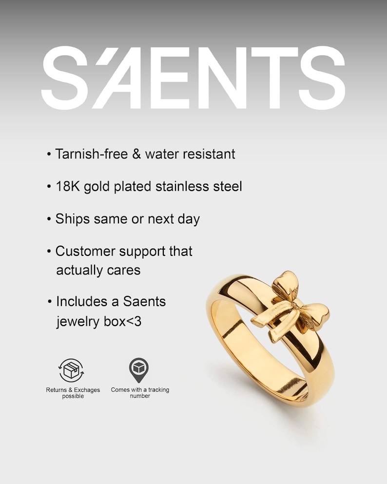 Peut inclure: Une bague dor&eacute;e avec un motif de n&oelig;ud. La bague est en acier inoxydable plaqu&eacute; or 18 carats et est r&eacute;sistante &agrave; la ternissure et &agrave; l'eau. Le mot "SAENTS" est affich&eacute; en haut de l'image.